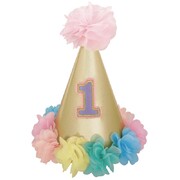 Deluxe 1st Birthday Party Hat Gold with Pastel Flowers Pk 1