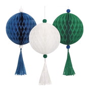 Blue Green White Honeycomb Ball with Tassel Decoration 40cm Pk 3