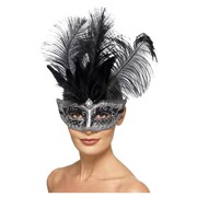 Venetian Columbina Silver Masquerade Mask with Black Feather Pk 1