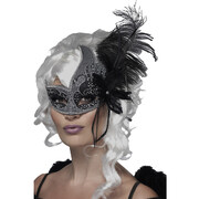 Dark Angel Black & Silver Masquerade Mask with Glitter & Feather Pk 1