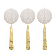 White Honeycomb Ball with Tassel Decorations 55cm Pk 3