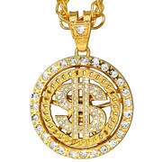 Strass Gold Dollar Sign Spinner Necklace 70cm | Diamante Hip Hop Costume Pendant