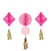 It's A Girl Pink & Gold Hanging Honeycomb Decorations Pk 3