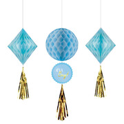 It's A Boy Blue & Gold Hanging Honeycomb Decorations Pk 3