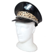 Black Police Hat with Leopard Spot Trim & Chain (Pk 1)