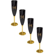 Reusable Glitz Black & Gold VIP Plastic Champagne Flutes 147ml (Pk 4)