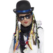 80s Chameleon Hat Costume Accessory – Black Bowler Hat with Colourful Braids