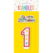 Candle Number 1 (Red with Stars) with Happy Birthday Topper Pk 1