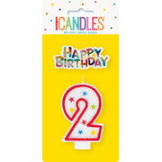 Candle Number 2 (Red with Stars) with Happy Birthday Topper Pk 1
