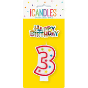 Candle Number 3 (Red with Stars) with Happy Birthday Topper Pk 1
