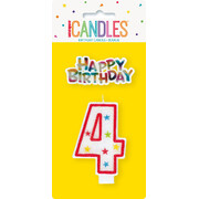 Candle Number 4 (Red with Stars) with Happy Birthday Topper Pk 1