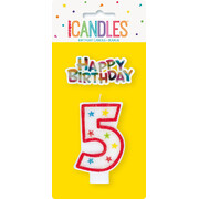 Candle Number 5 (Red with Stars) with Happy Birthday Topper Pk 1