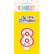 Candle Number 8 (Red with Stars) with Happy Birthday Topper Pk 1