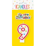Candle Number 9 (Red with Stars) with Happy Birthday Topper Pk 1