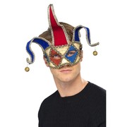 Red & Blue Venetian Musical Jester Mask with Bells Pk 1