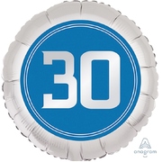 Silver & Blue Happy Birthday 30 Satin Foil Balloon (18in,45cm)