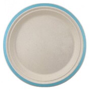 Sugar Cane Natural Eco Plate with Blue Trim (18cm) Pk 10