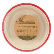 Sugar Cane Natural Eco Dinner Plate with Red Trim (22.5cm) Pk 10