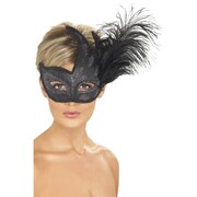 Columbina Black Masquerade Mask with Glitter & Feather Pk 1