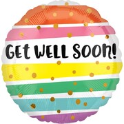 Get Well Soon Foil Balloon Coloured Stripe & Gold Dot 43cm Air or Helium