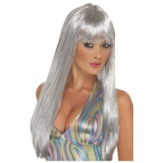 Long Straight Silver Disco Wig with Fringe Pk 1