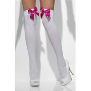 Opaque White Stockings Hold Ups with Pink Bows (Pk 1)