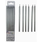 Silver Slim Birthday Candles with Holders Pk 12