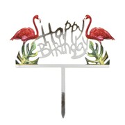 Silver Happy Birthday Flamingo Acrylic Cake Topper