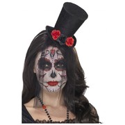 Halloween Day of Dead Black Mini Top Hat with Red Roses Pk 1