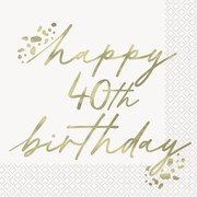 Happy 40th Birthday Gold Script Lunch Napkins 2 Ply Pack of 16 | Foil Stamped