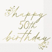 Happy 50th Birthday Gold Script Lunch Napkins 2 Ply Pack of 16 | Foil Stamped