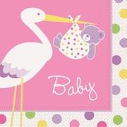 Baby Shower Girl Stork 2 Ply Lunch Napkins Pk 16