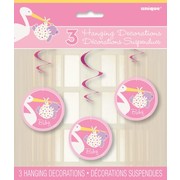 Baby Shower Girl Stork Hanging Swirl Decorations Pk 3