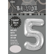 Silver Number 5 Supershape Foil Balloon (34in/86cm) Pk 1