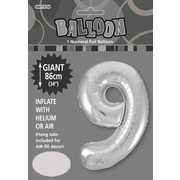 Silver Number 9 Supershape Foil Balloon (34in/86cm) Pk 1