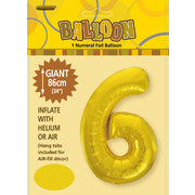 Gold Number 6 Supershape Foil Balloon (34in/86cm) Pk 1