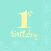 Light Blue and Gold 1st Birthday Cocktail Napkins Pk 16 