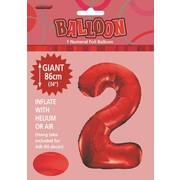 Red Number 2 Supershape Foil Balloon (34in/86cm) Pk 1