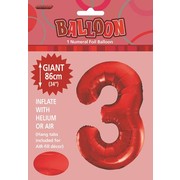Red Number 3 Supershape Foil Balloon (34in/86cm) Pk 1