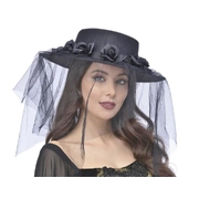 Black Gothic Widow Funeral Hat with Roses & Veil