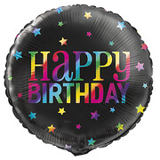 Black Happy Birthday Foil Balloon with Rainbow Stars (18in, 45cm) Pk 1