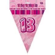 Pink Holographic 13 Bunting Banner 12 Flags | 13th Birthday Triangle Flag Decoration 3.6m