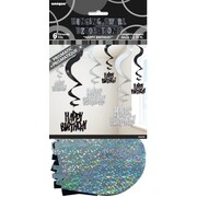 Black & Silver Glitz Happy Birthday Hanging Swirl Decorations Pk 6 