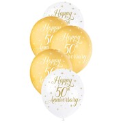 50th Anniversary Pearlised Latex Balloons 30cm Gold & White Pack of 5 | Helium Quality