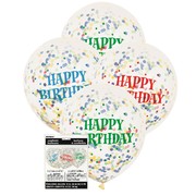 Clear Happy Birthday 12in Latex Balloons with Multi Colour Confetti Pk 6