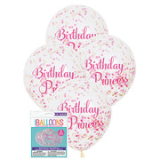 Clear Birthday Princess 12in Latex Balloons with Pink & Gold Confetti Pk 6 