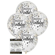 Clear 12in Happy Birthday Latex Balloons with Black, Silver & Gold Confetti Pk 6