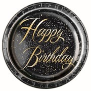 Happy Birthday Black & Gold Glitz 9in. Paper Plates Pk 8