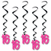 16 Black & Pink Hanging Birthday Whirl Decorations (91cm) Pk 5