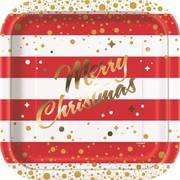 Christmas Gold & Red Sparkle 9in. Square Paper Plates Pk 8